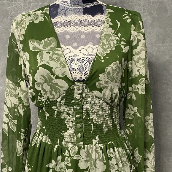 Patrons of Peace Maxi Dress Womens M Green White Floral Empire Waist Long Sleeve - Picture 2 of 10